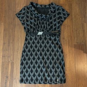 Black and Gray Patterned Belted Mini Dress
